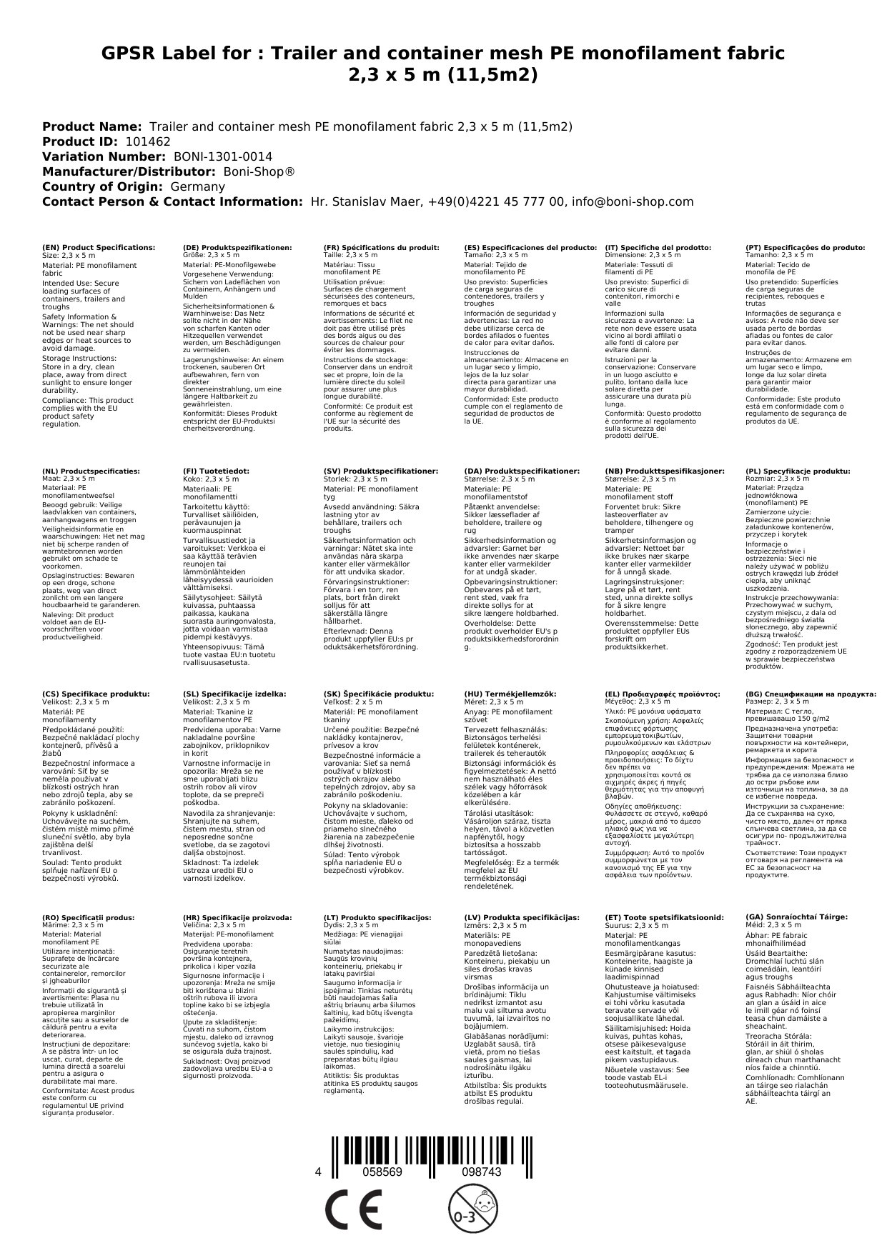 Anhänger- und Containernetz PE-Monofilgewebe 2,3 x 5 m (11,5m²)