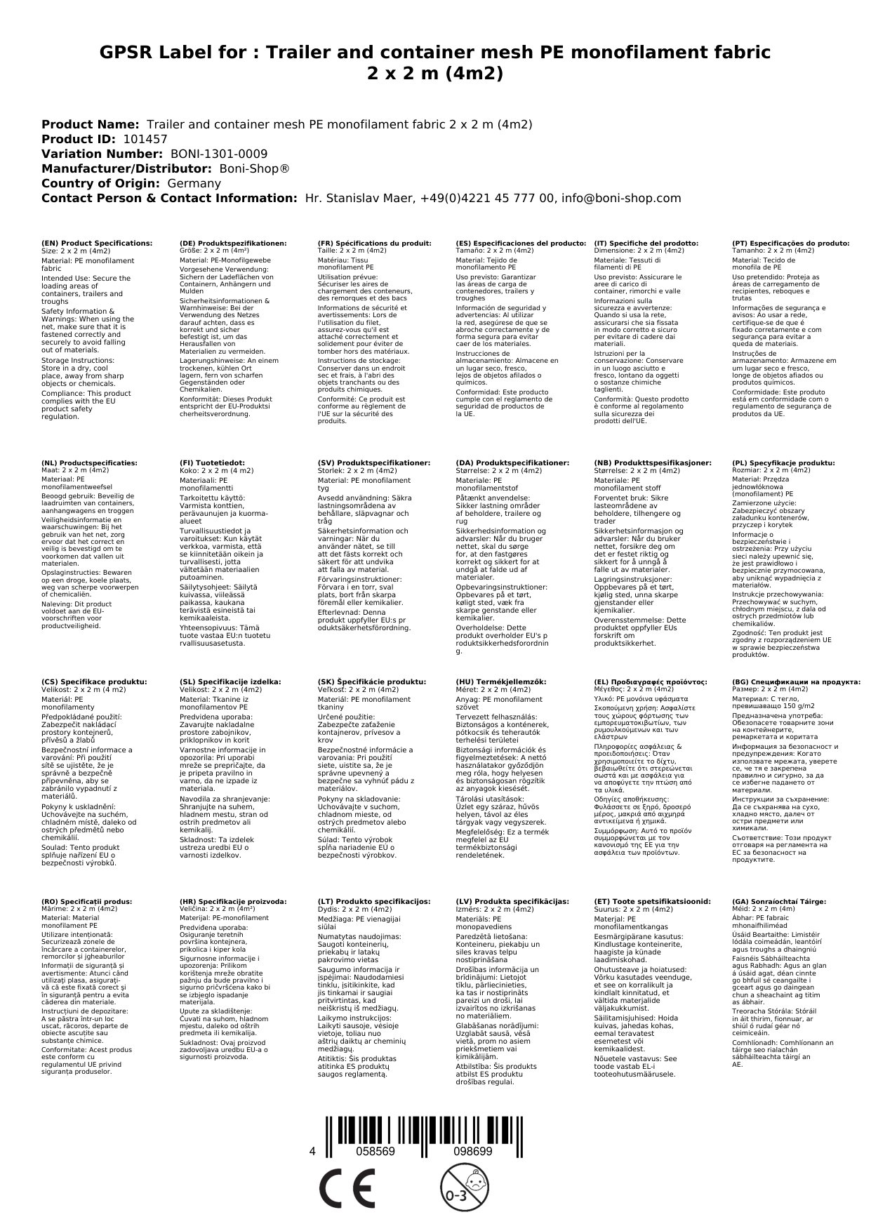 Anhänger- und Containernetz PE-Monofilgewebe 2 x 2 m (4m²)