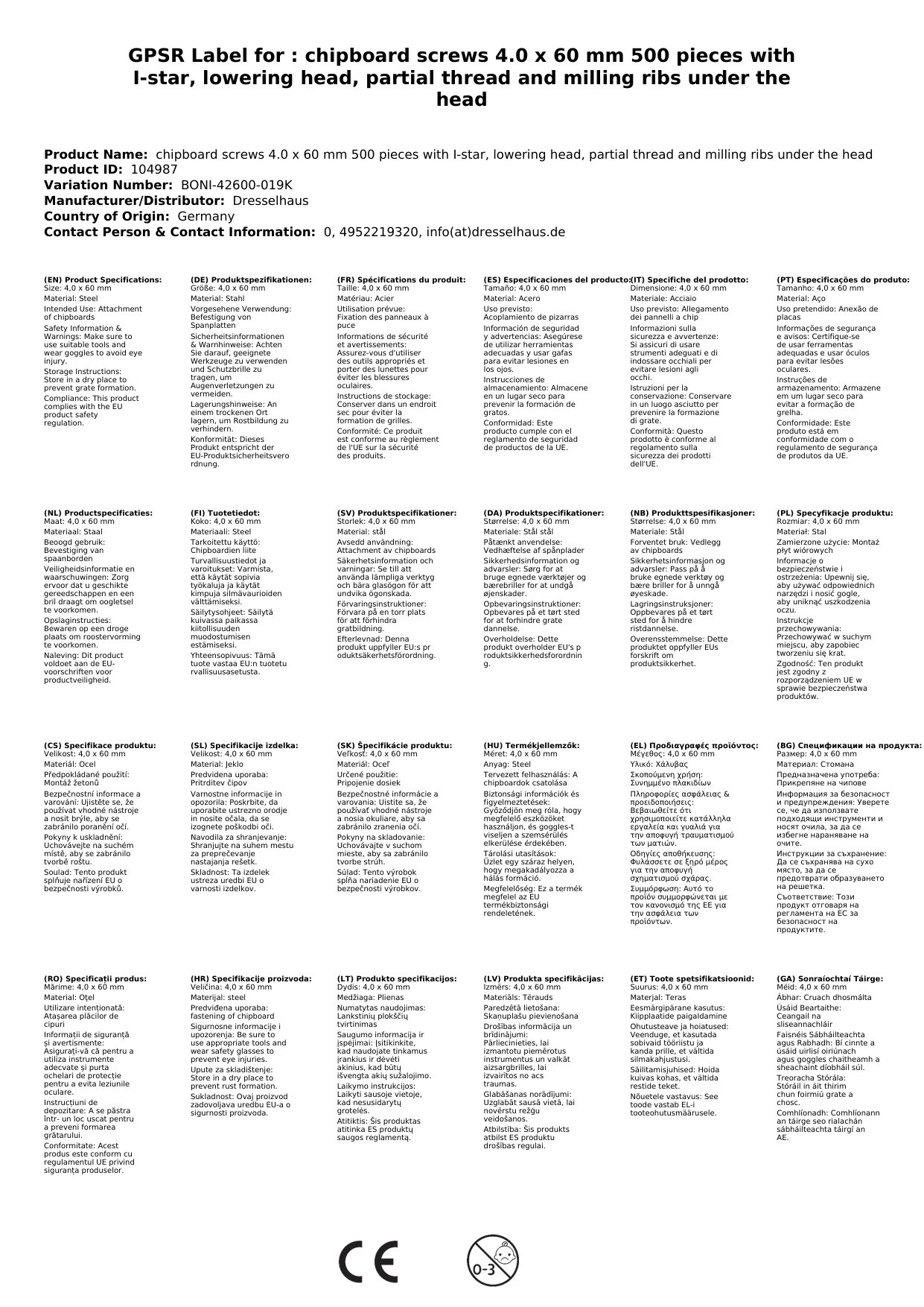 Spanplattenschrauben 4,0 x 60 mm 500 Stück mit I-Stern, Senkkopf, Teilgewinde und Fräsrippen unter dem Kopf