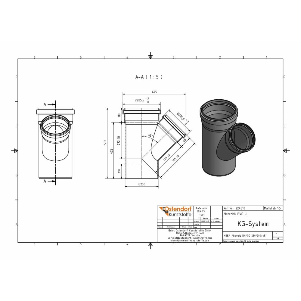 KGEA Abzweig DN/OD 250/200   45 Grad