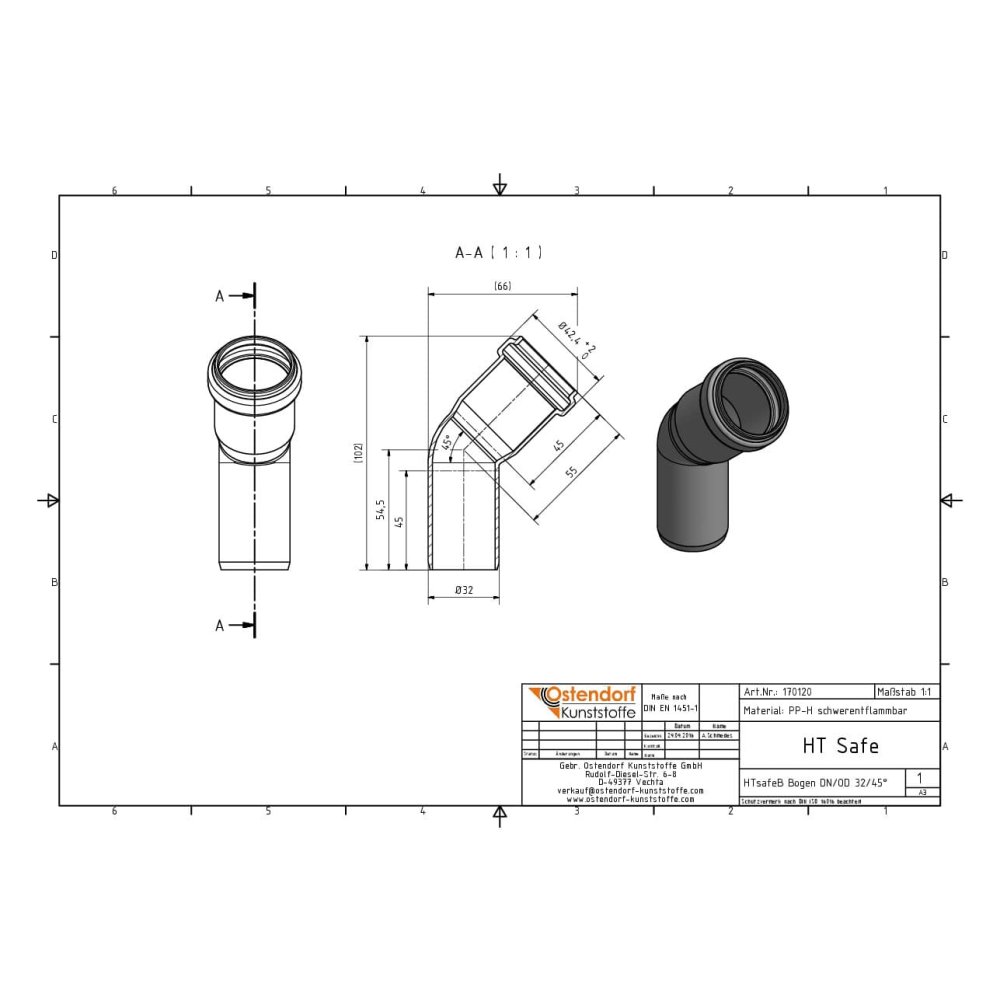 HTsafeB Bogen DN/OD 32    45 Grad