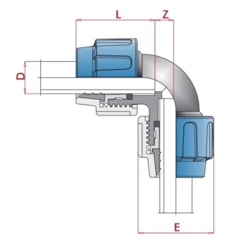 PP PE Rohr Verschraubung 90° Winkel 2 Verschraubungen 25 x 25