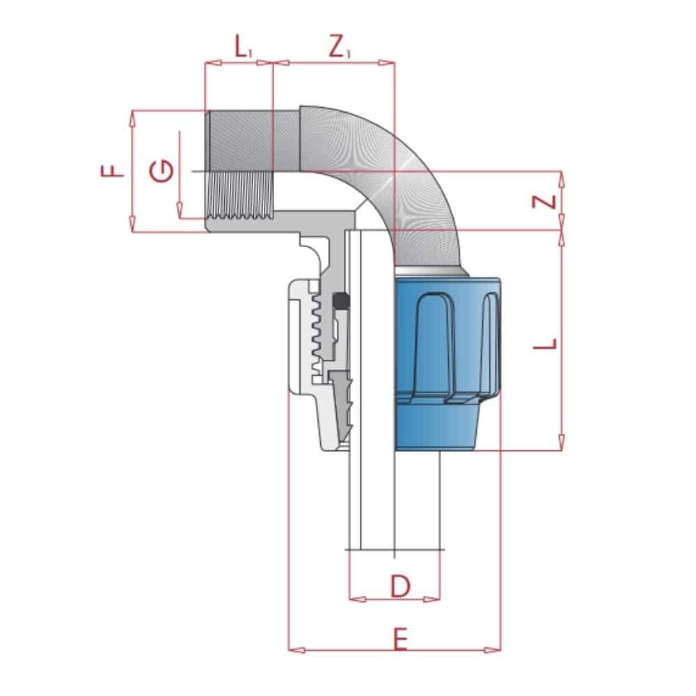 PP PE Rohr Verschraubung 90° Winkel 20 x 3/4" IG