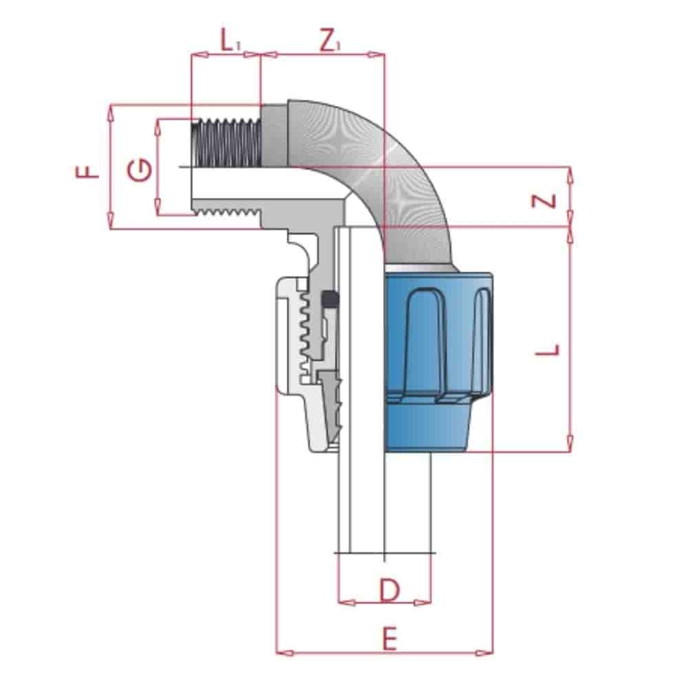 PP PE Rohr Verschraubung 90° Winkel 32 x 1" AG