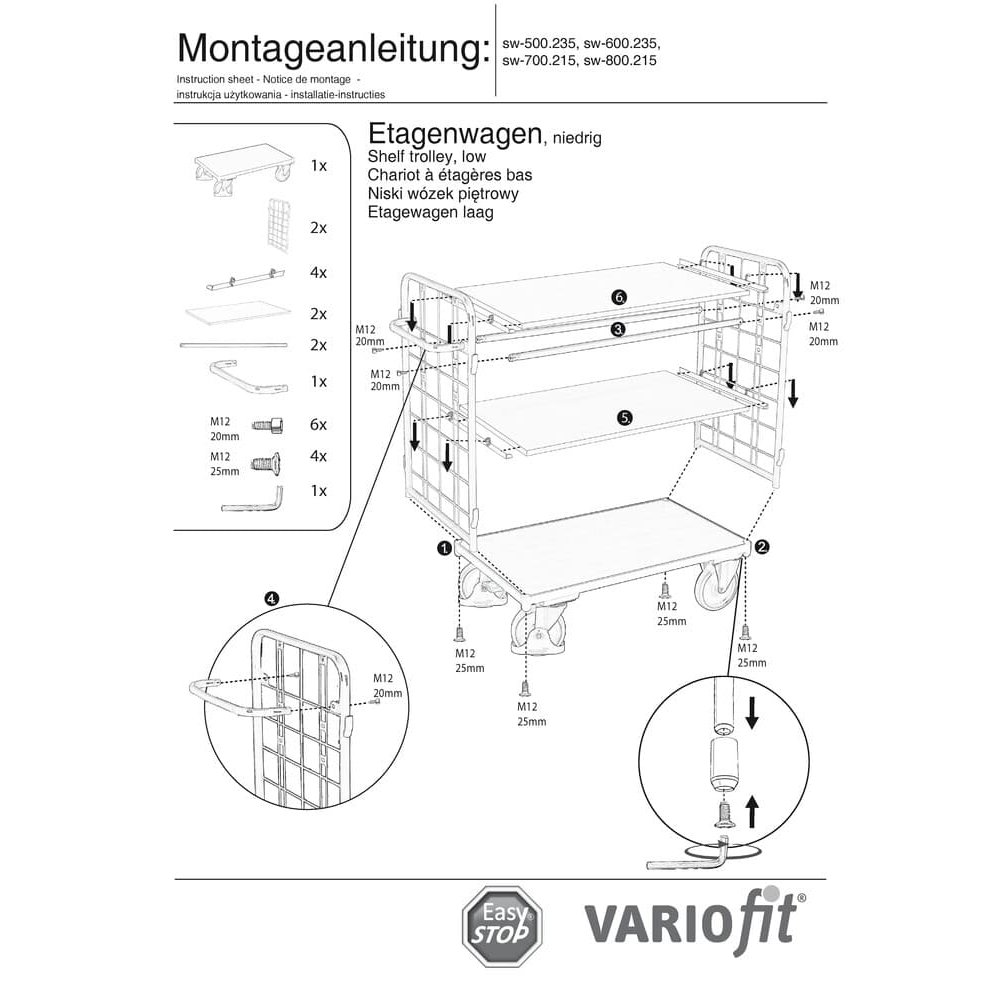 Paketwagen mit 2 Gitterwänden + 3 Böden 500 kg Traglast Typ L + EasySTOP