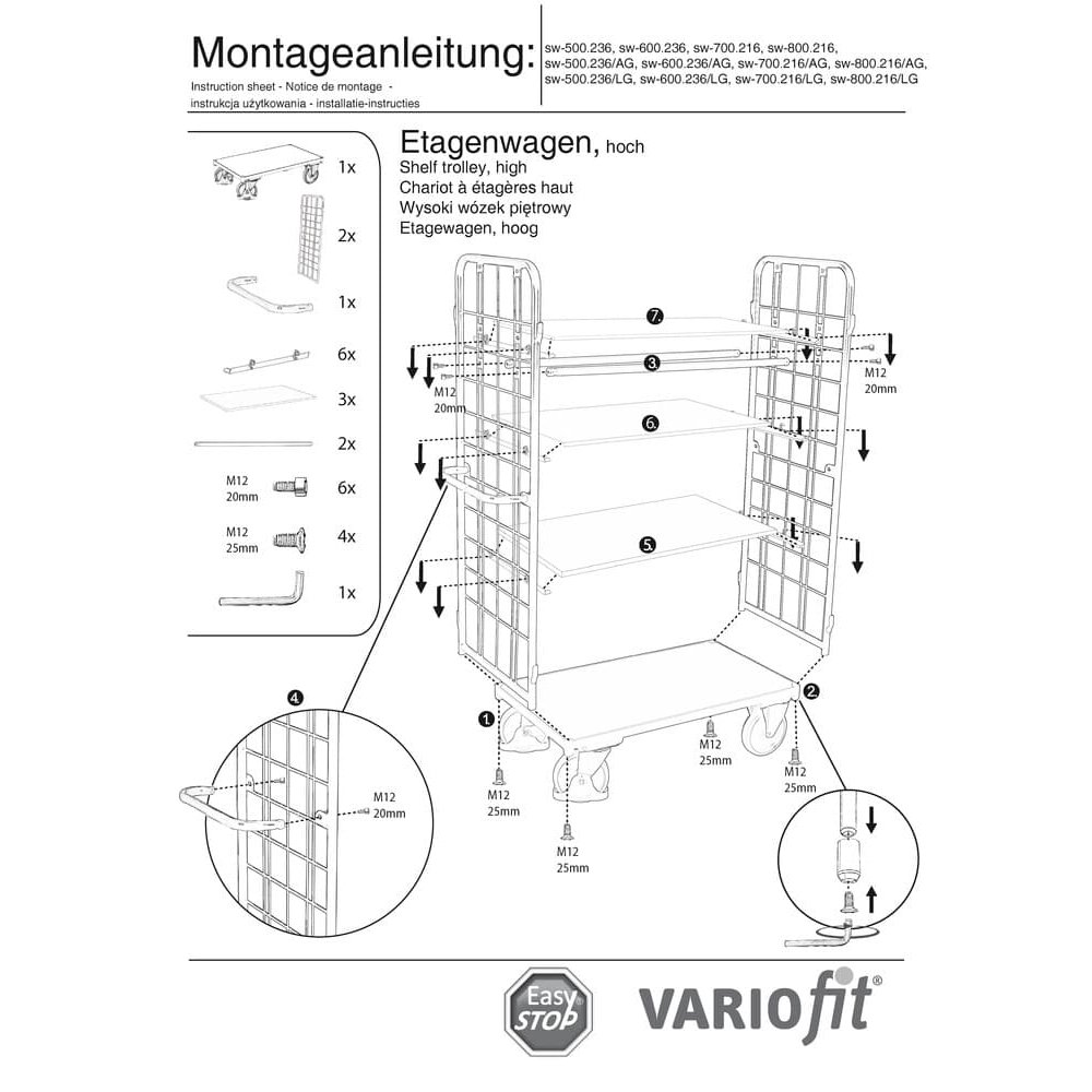 Paketwagen hoch mit 2 Gitterwänden + 4 Böden 500 kg Traglast Typ L + EasySTOP