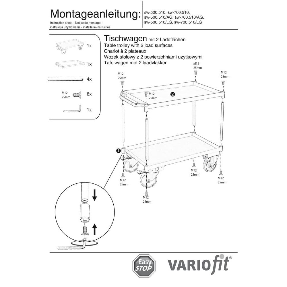 Tischwagen mit 2 Etagen, Wannenrand 40 mm hoch + EasySTOP