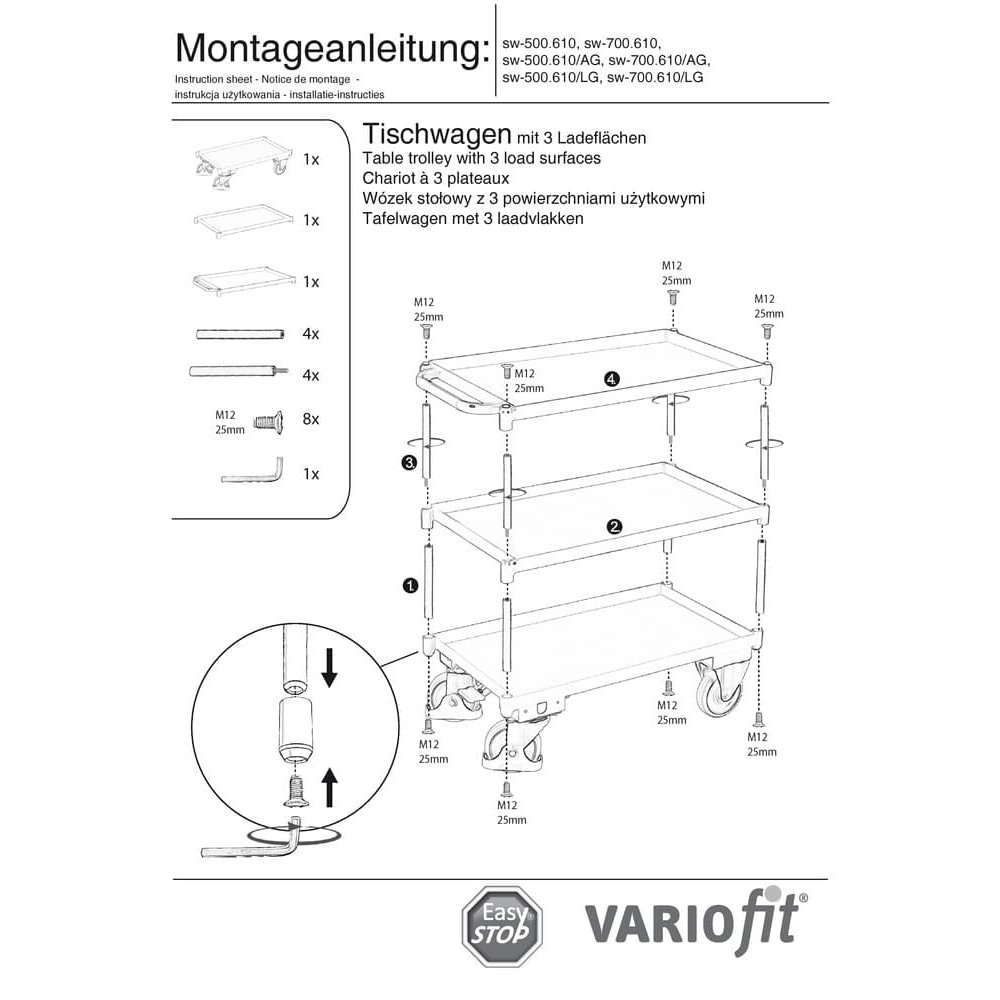 Großer Tischwagen mit 3 Etagen, Wannenrand 40 mm hoch + EasySTOP