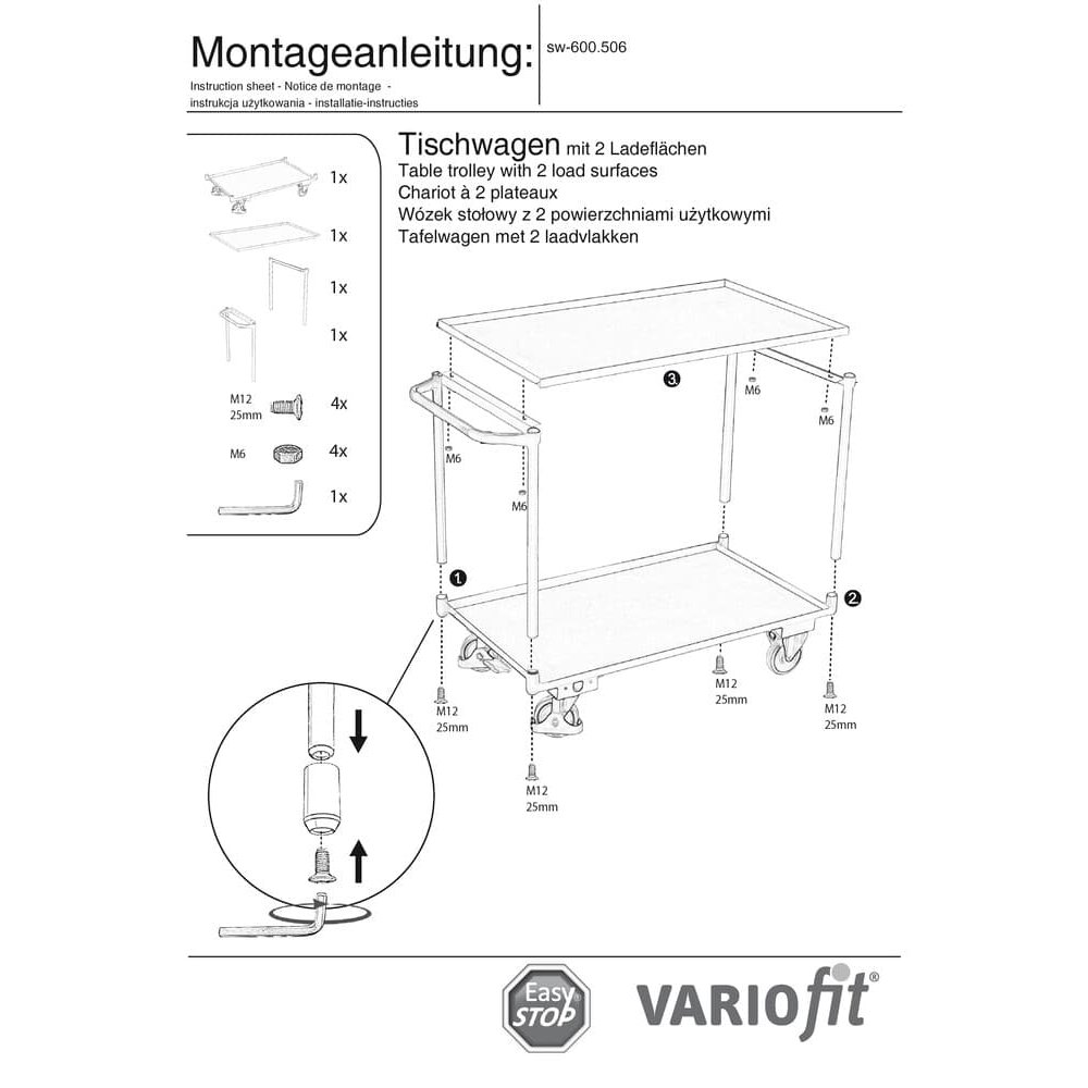 Tischwagen mit 2 Etagen, Wannen verschraubt, Rand 25 mm + EasySTOP