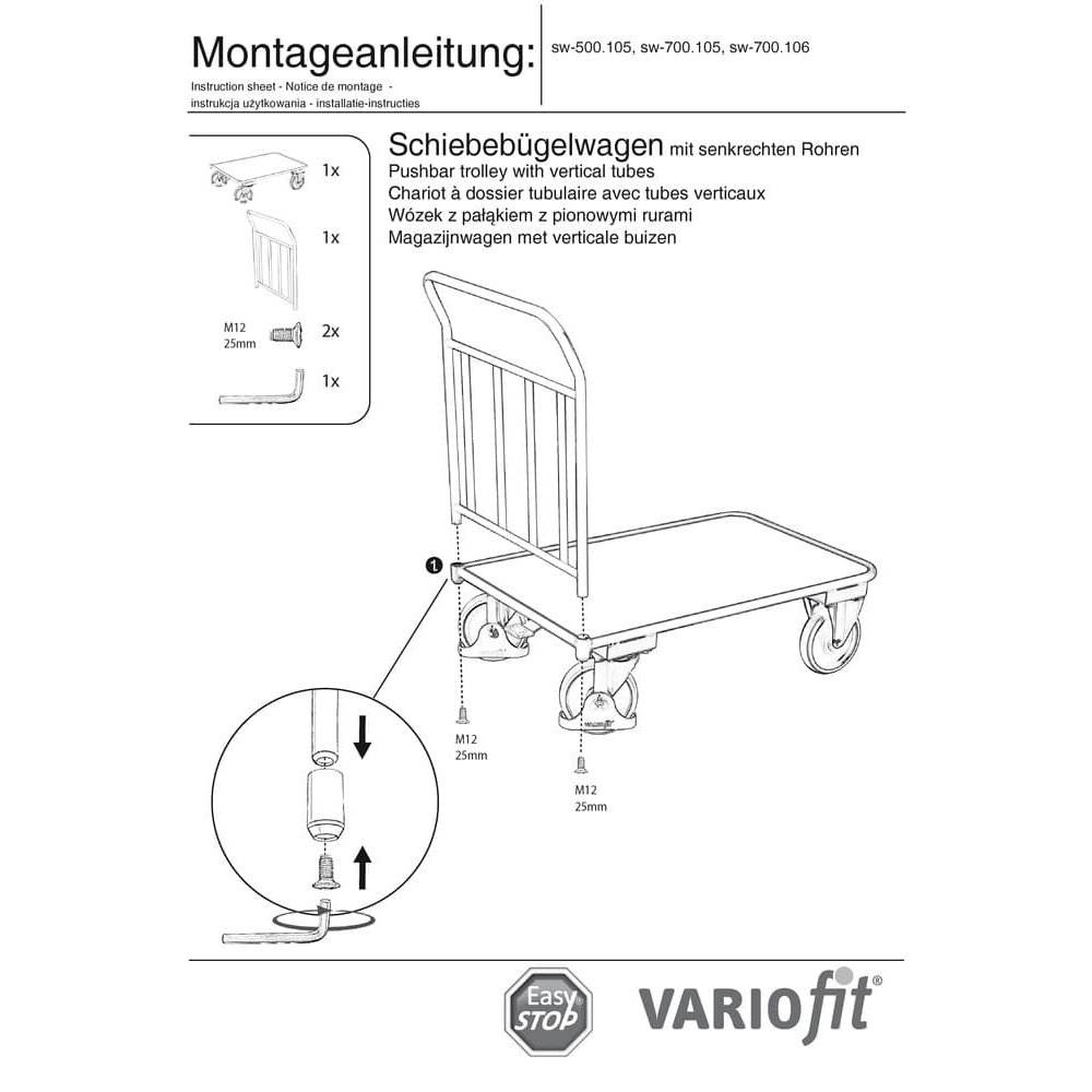 Schiebebügelwagen 400 kg 4 senkrechten Rohren Typ M + EasySTOP