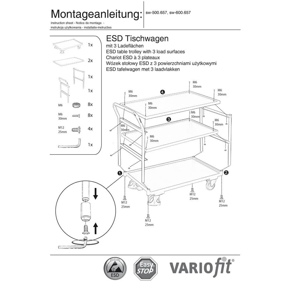 ESD Tischwagen mit 3 Ladeflächen Typ M + EasySTOP