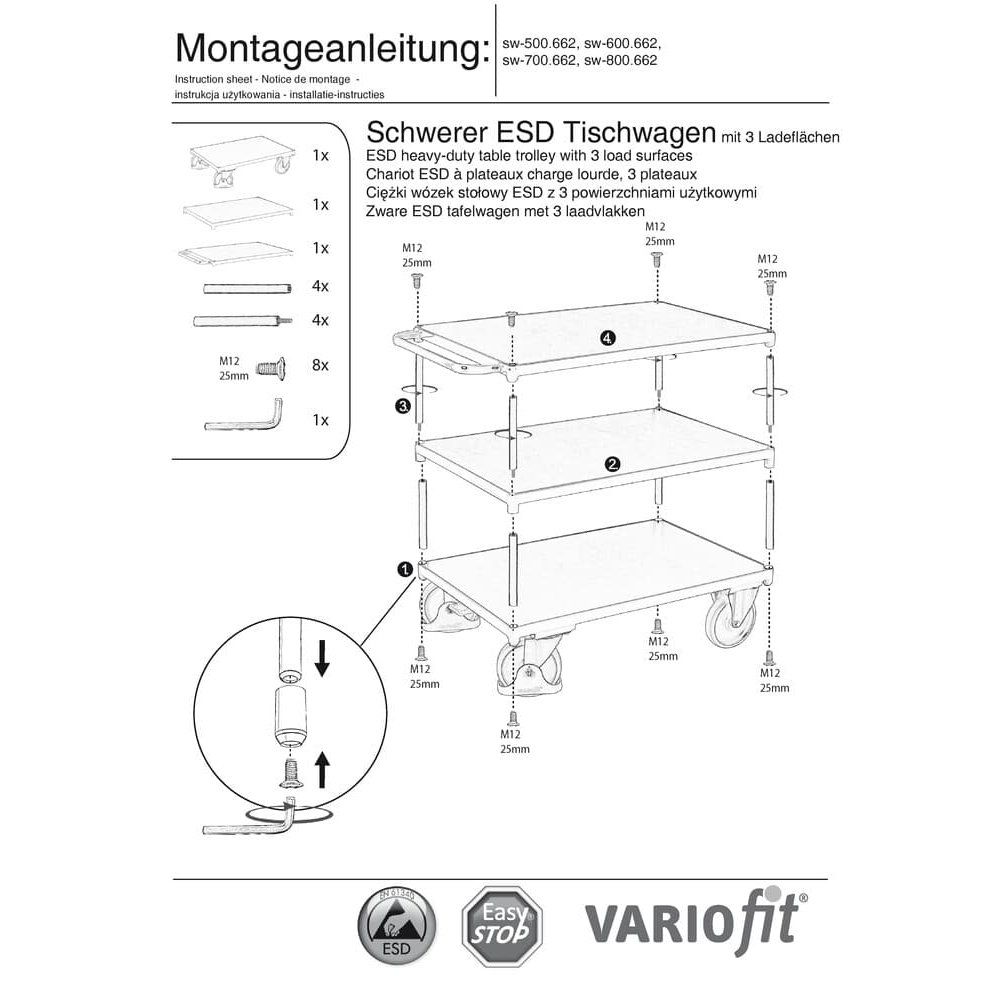 Schwerer ESD Tischwagen mit 3 Ladeflächen Typ S + EasySTOP