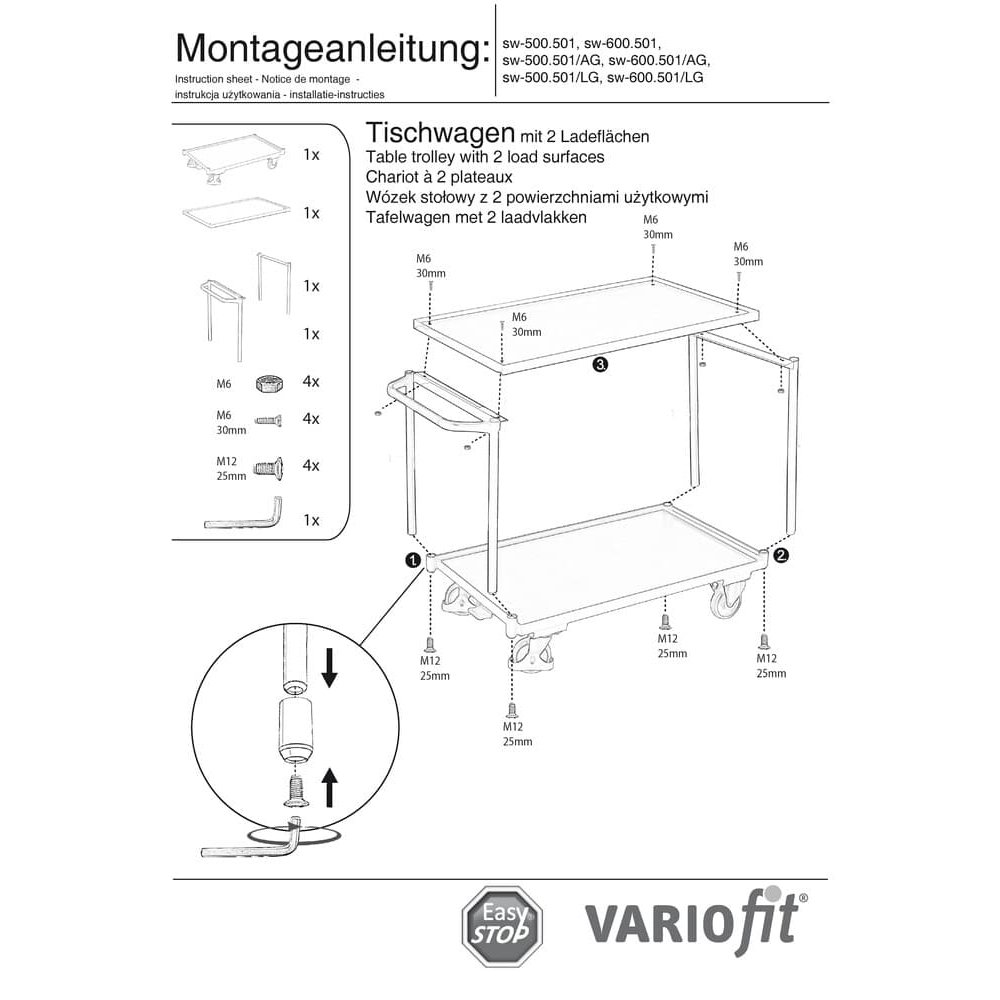 Tischwagen 250 kg mit 2 Ladeflächen Typ M + EasySTOP