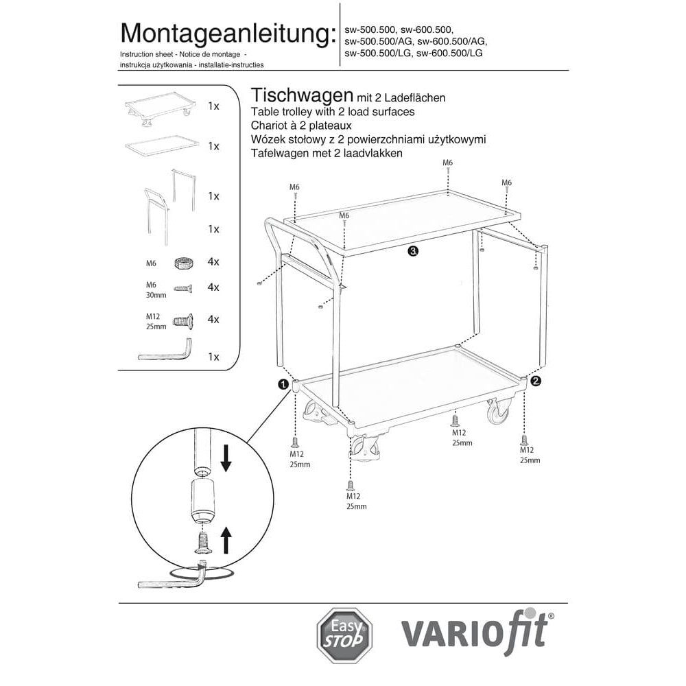 Tischwagen 250 kg mit 2 Ladeflächen hoher Schiebebügel Typ M + EasySTOP