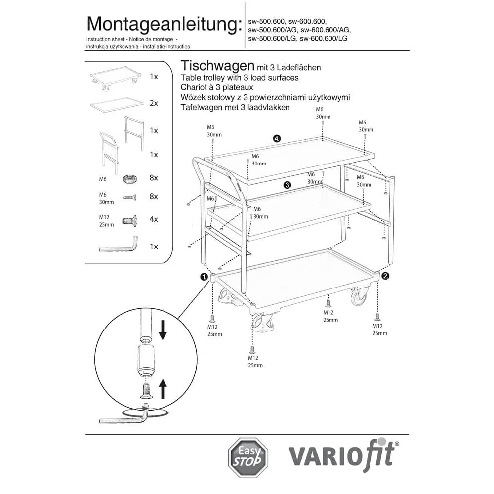 Tischwagen 250 kg mit 3 Ladeflächen hoher Schiebebügel Typ M + EasySTOP