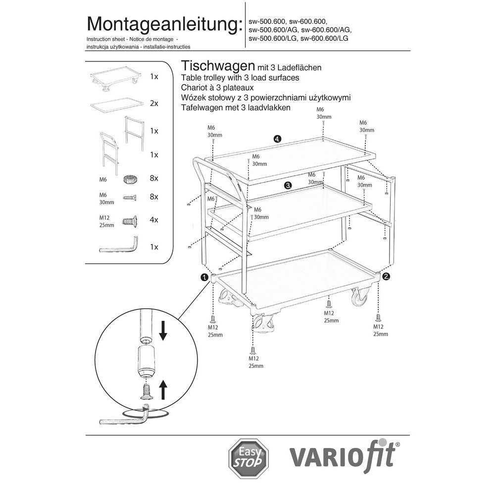 Tischwagen 250 kg mit 3 Ladeflächen hoher Schiebebügel Typ L + EasySTOP