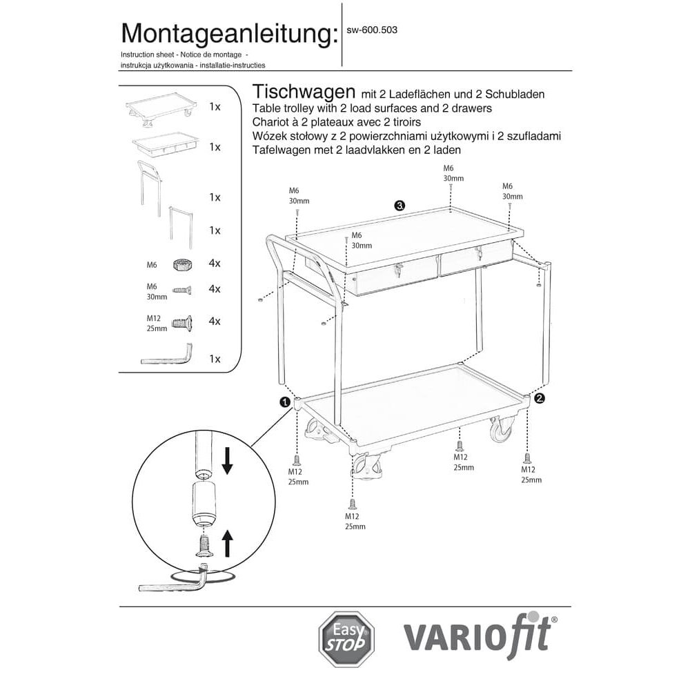 Tischwagen 250 kg mit 2 abschließbaren Schubladen hoher Schiebebügel + EasySTOP