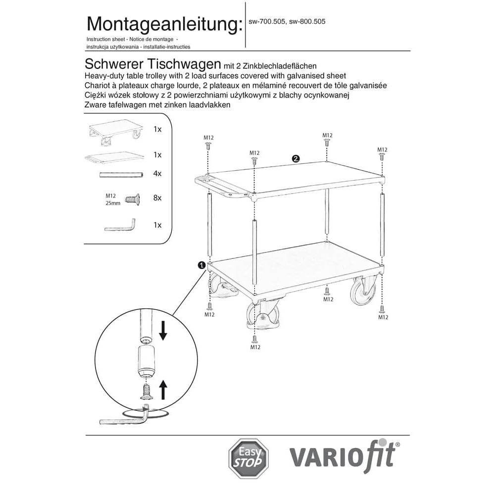 Schwerer Tischwagen 500 kg mit 2 Ladeflächen Zinkblech Typ M + EasySTOP