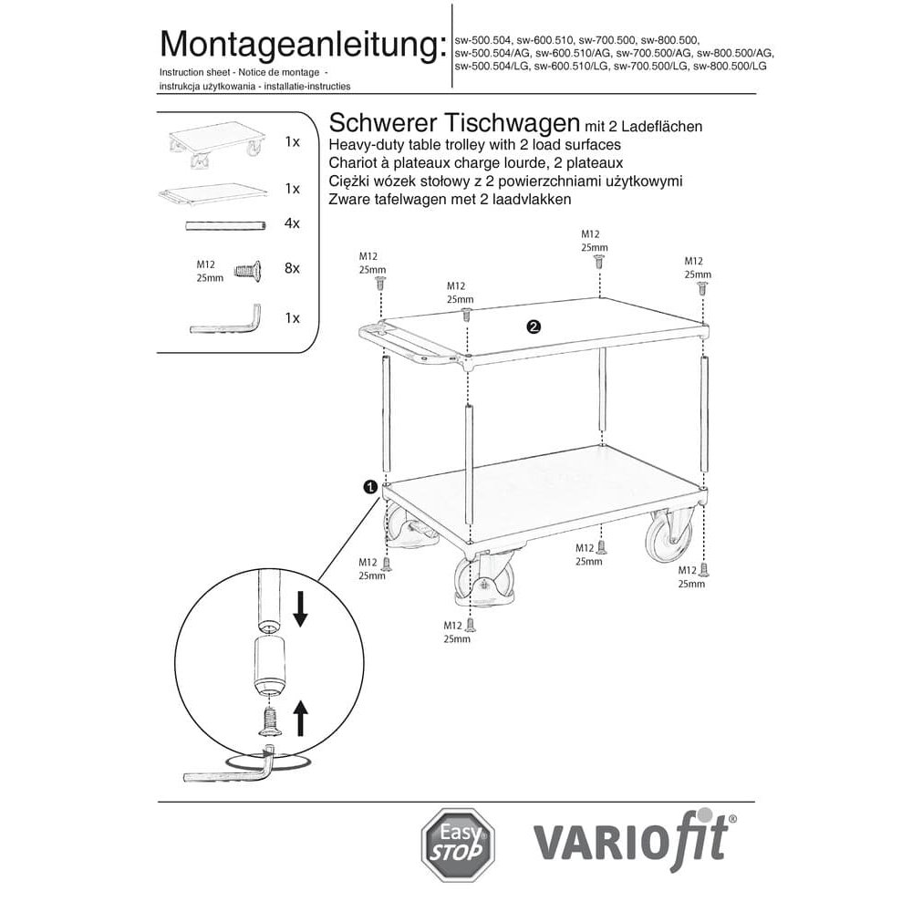 Schwerer Tischwagen 500 kg mit 2 Ladeflächen Typ XL + EasySTOP