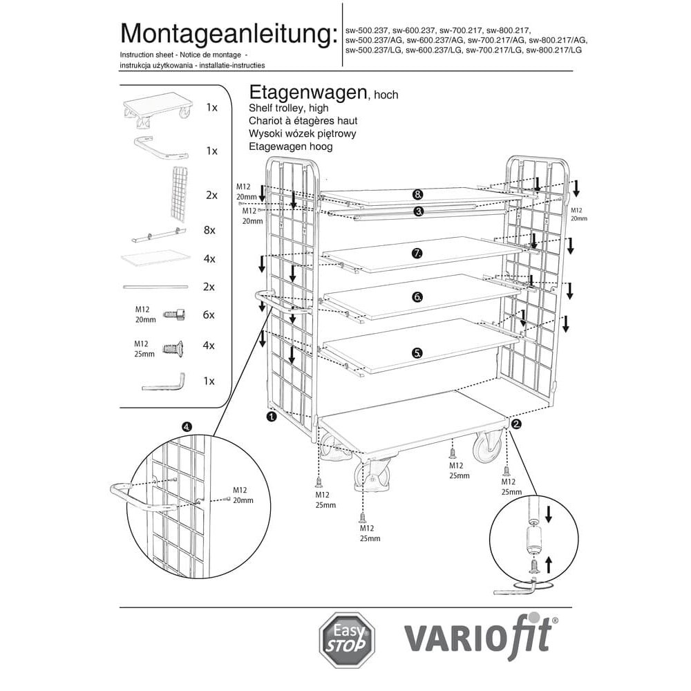 Paketwagen hoch mit 2 Gitterwänden + 5 Böden 400 kg Traglast Typ S + EasySTOP