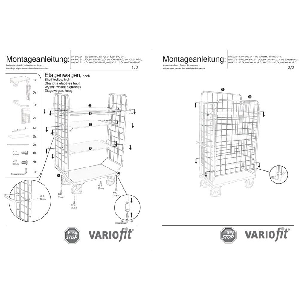 Paket-Vierwandwagen hoch mit 3 Böden Typ S + EasySTOP