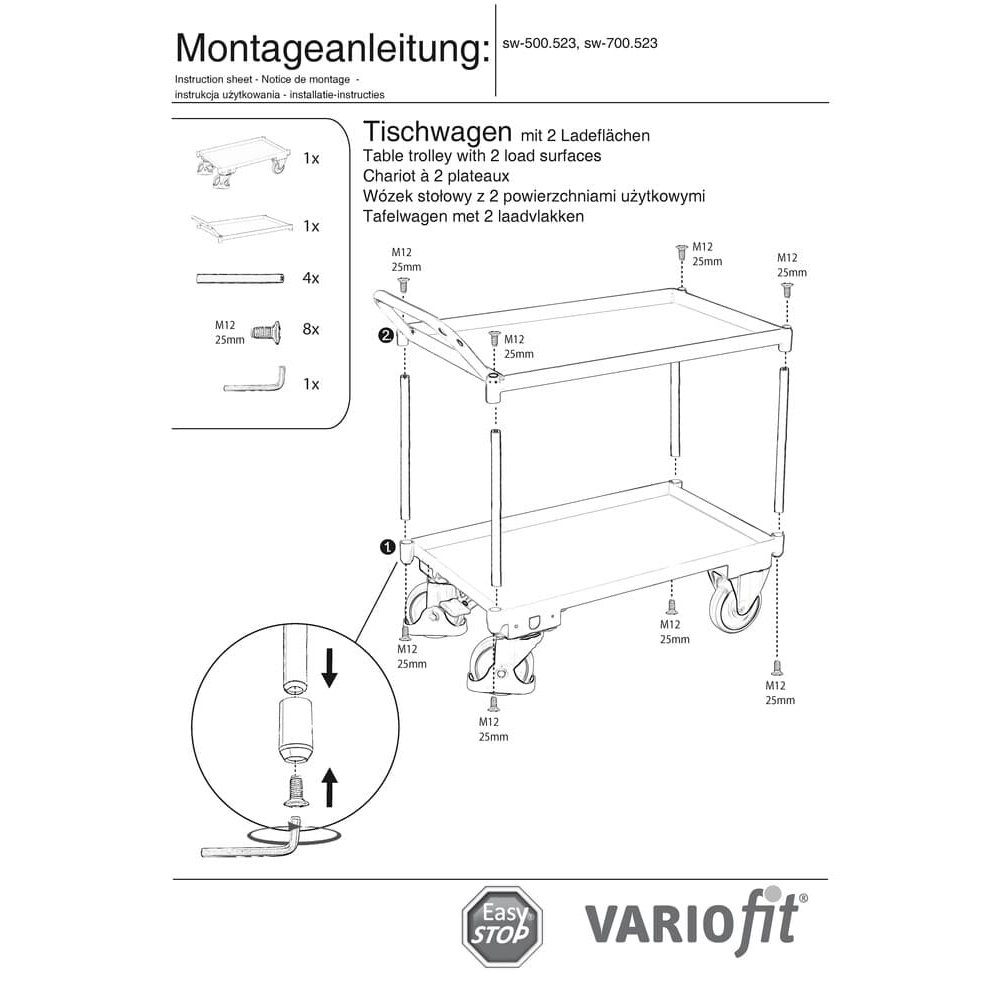 Tischwagen mit 2 Etagen, Wannenrand 40 mm hoch, hoher Schiebebügel + EasySTOP