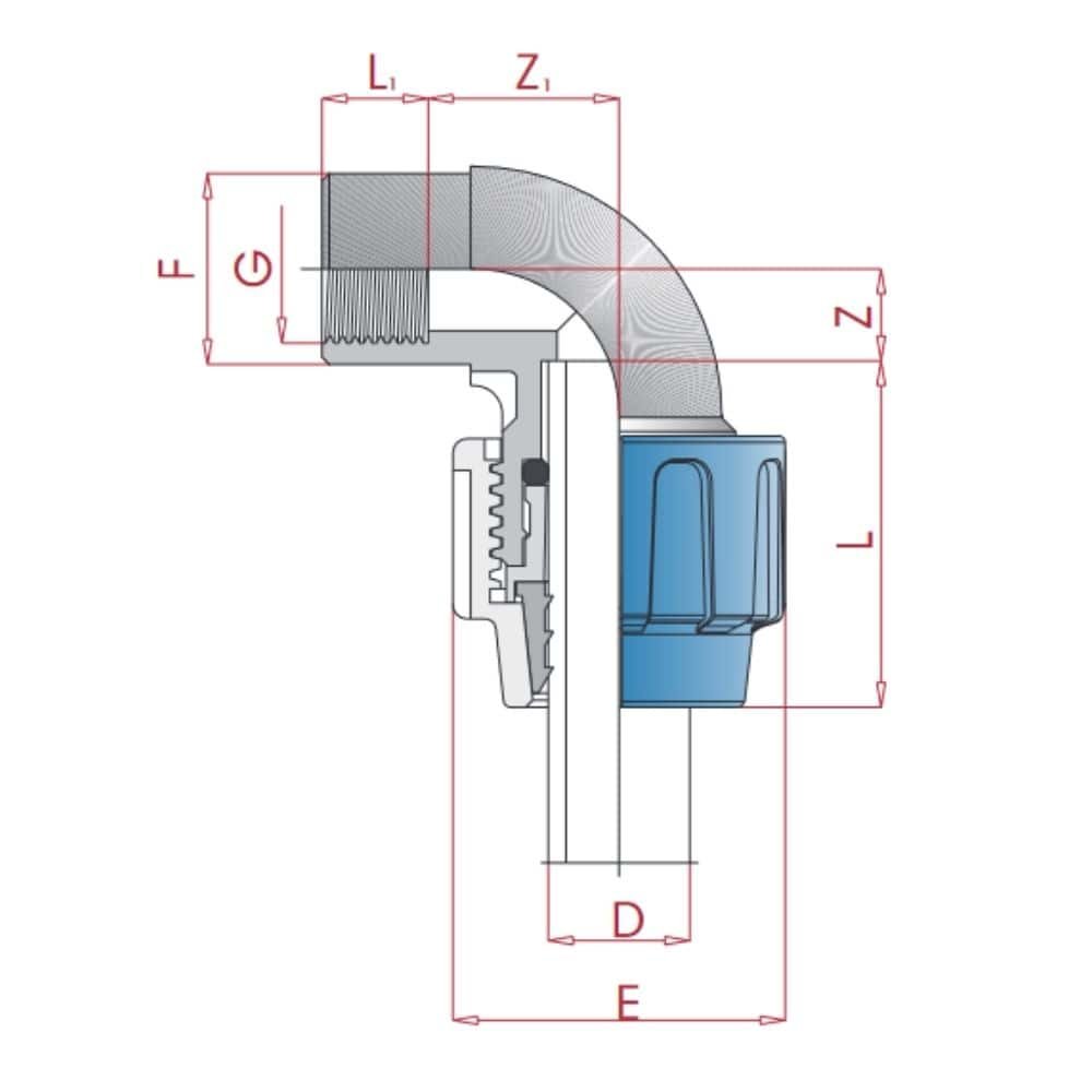 PP PE Rohr Verschraubung 90° Winkel 40 x 3/4" IG