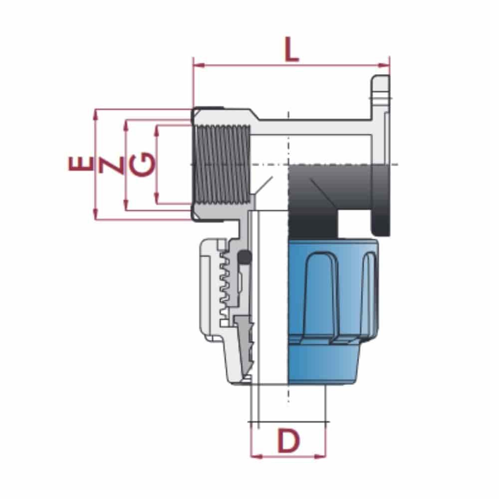 PP PE Rohr Verschraubung 90° verst.Wandhalterung 25 x 3/4" IG