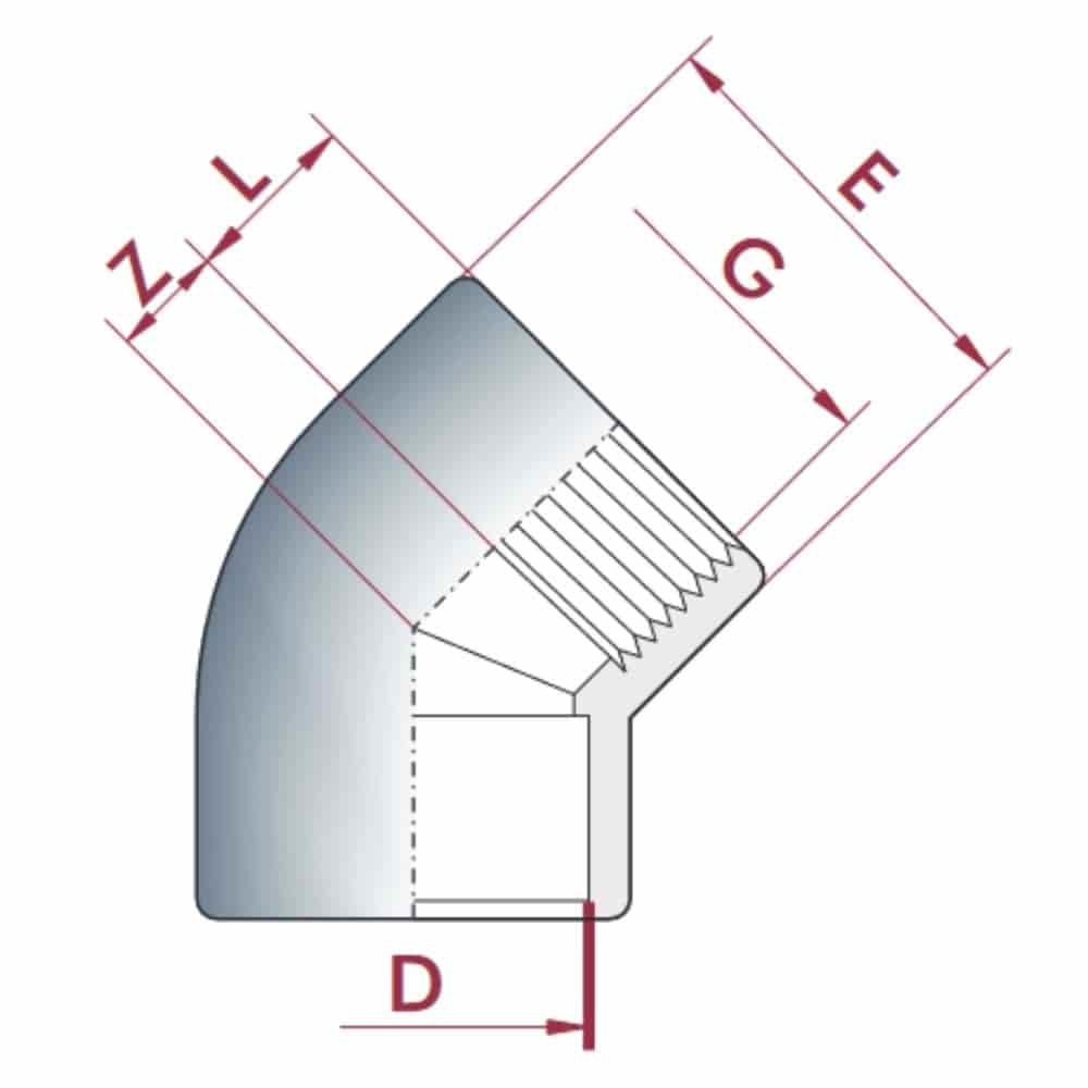 PVC - U 45° Winkel Muffe x IG 20 mm x 1/2"PN10