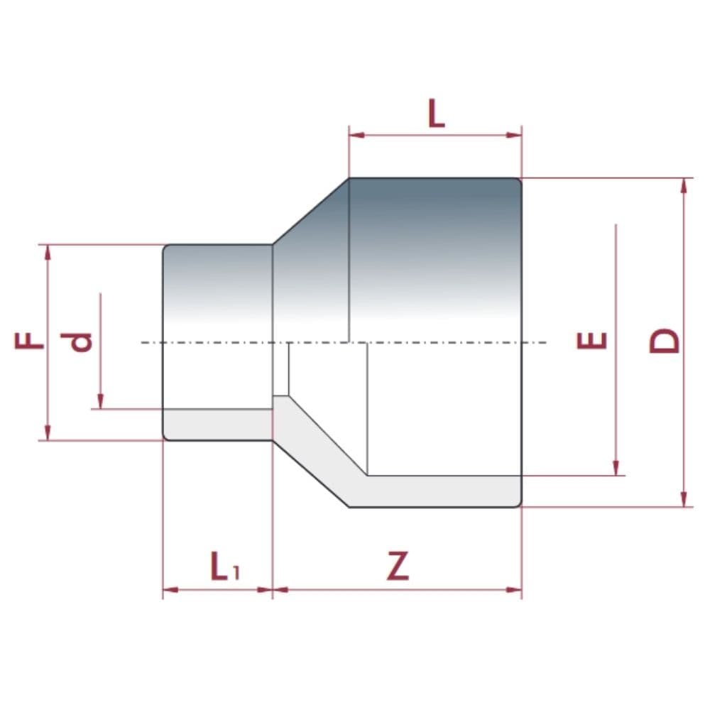 PVC - U Reduktion lang 40-32mm x 25 mm PN16