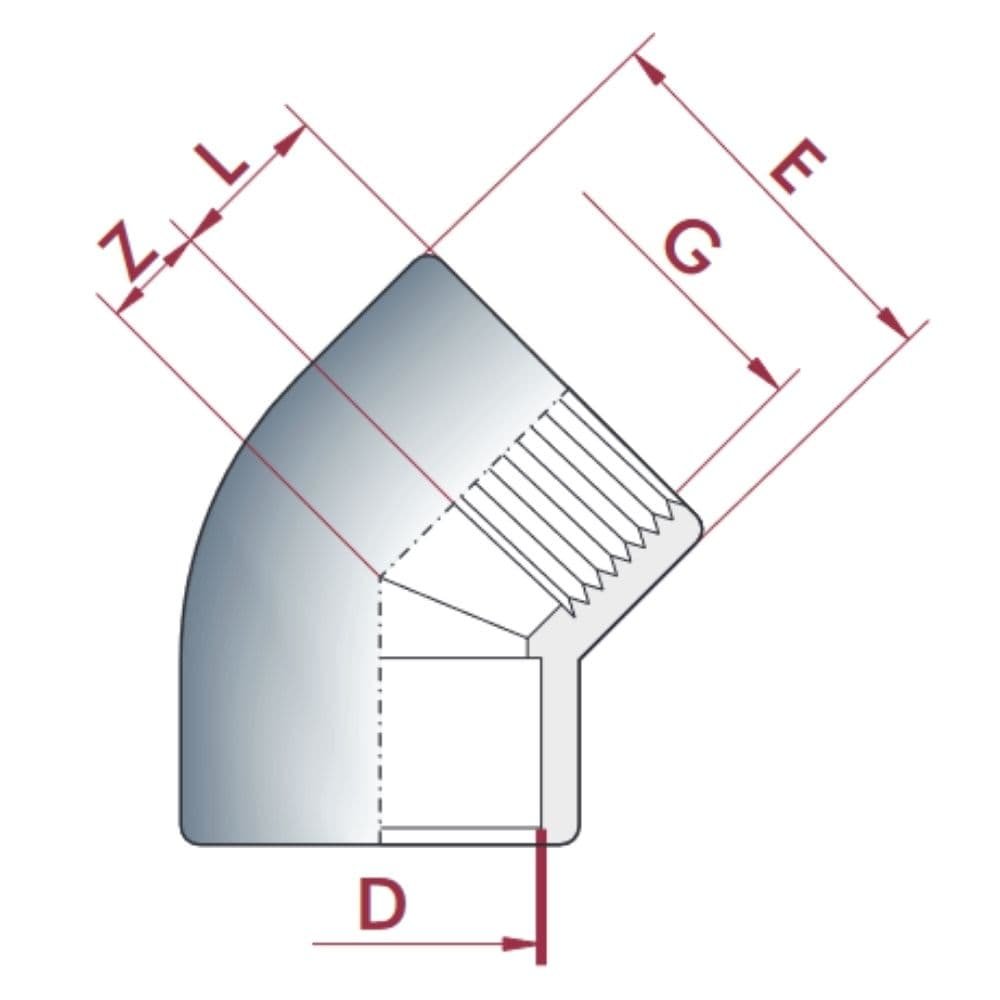 PVC-U 45°Winkel Muffe x IG 20 mm x 1/2"PN10