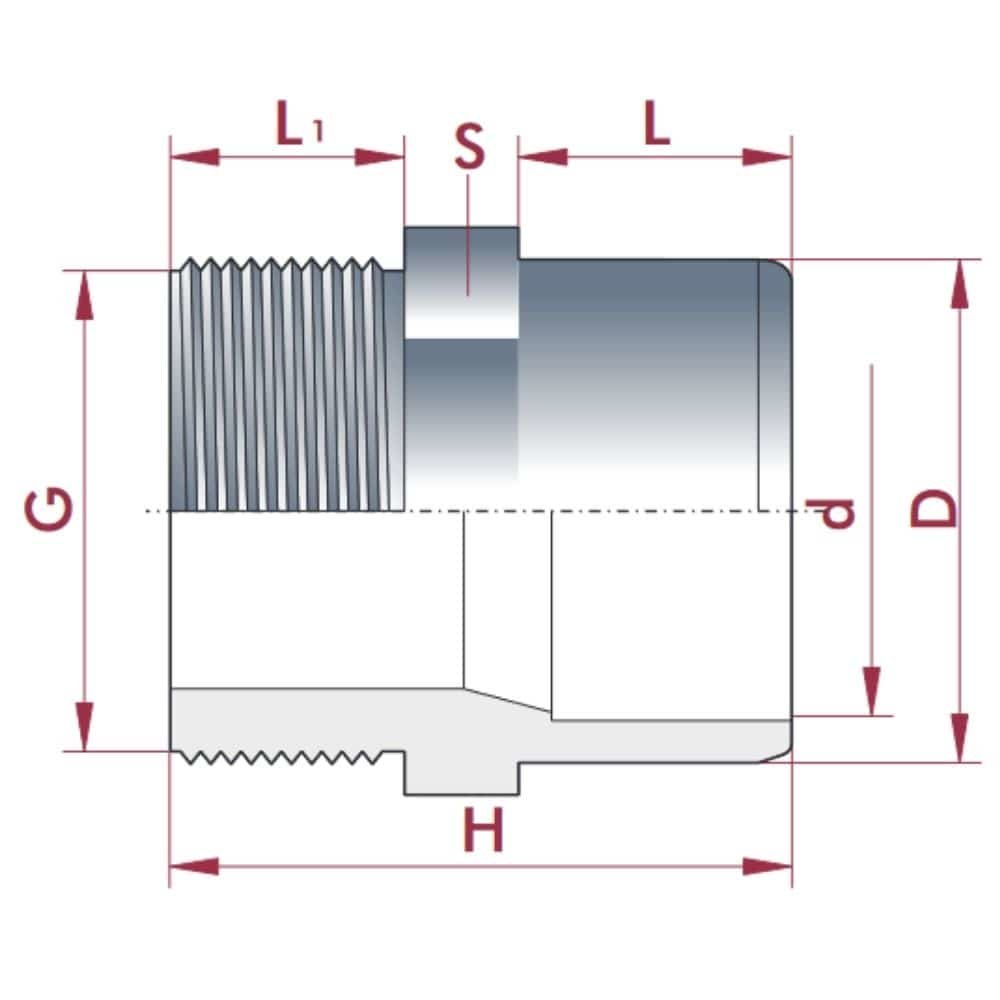 PVC-U Übergang Muffe x AG 25-20mm x 1/2" PN10